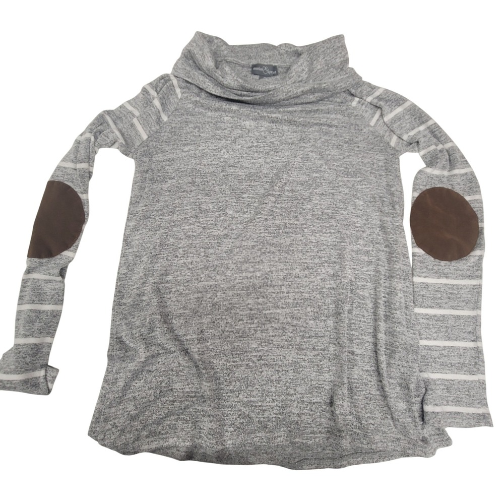 Market & Spruce Womens Gray Striped Sleeve Elbow Patch Cowl Neck Comfortable Top